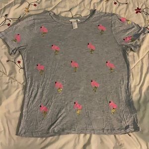 H & M Flamingo Sequined Heather Grey/ Pink/ Gold Tee Medium Size